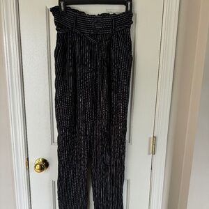 American Eagle Black Pants with White Stripes and Cinched Waist